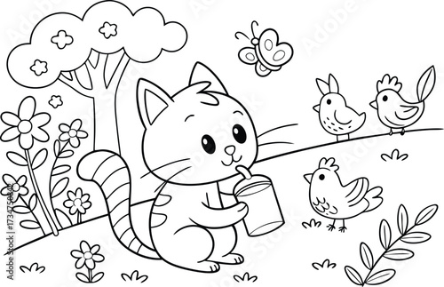Playful Kitten Sipping Drink with Birds in a Whimsical Landscape