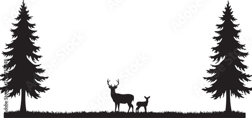 Silhouette of Deer Family and Pine Trees on White Background fawn stag