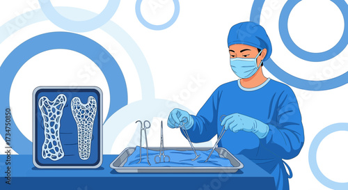 Surgical innovation illustration depicting surgeon preparing for a bone implant procedure