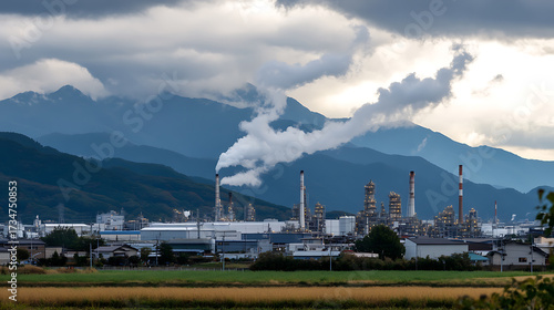 Wallpaper Mural Industrial complex at dusk with mountains looming. A plume of smoke rises from a chimney, partially obscuring the landscape. A cloudy sky completes the image. Torontodigital.ca