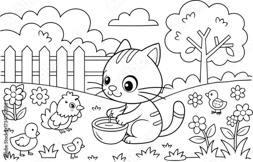 Cute Cat with Bird Friends in a Sunny Backyard Coloring Page