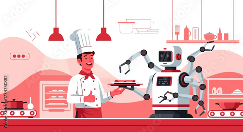 The future of culinary arts: a skilled chef and a multi-armed robot collaborating in a modern
