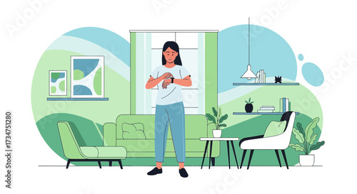 Woman checking smartwatch in a modern interior, showcasing a healthy and connected lifestyle at
