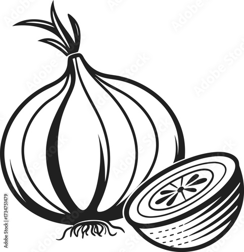 Black and White Garlic or Onion Symbol Kitchen Ingredient Line Art Graphic