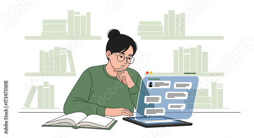 Young woman studying online with a book and a laptop in a learning environment