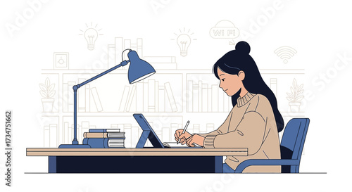 Young woman studying or working from home with tablet and books on the desk in a cozy atmosphere
