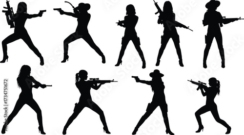 Silhouettes of women with guns in action poses on white background untitled illustration