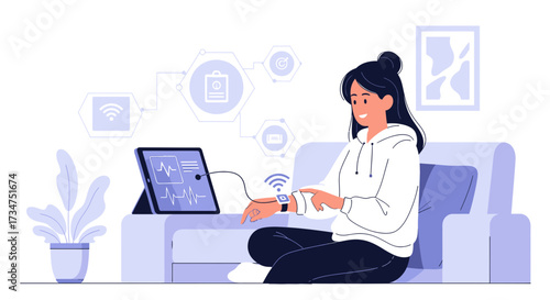 Young woman using health tracking technology with tablet and smartwatch at home  in a relaxed