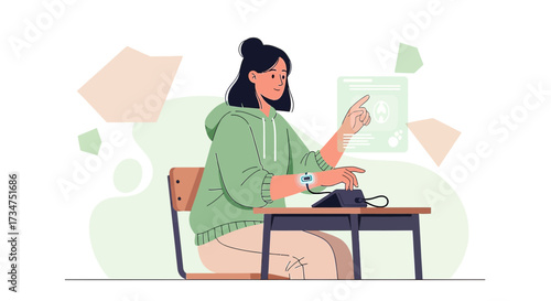 Young woman using technology for health monitoring and virtual interaction concept