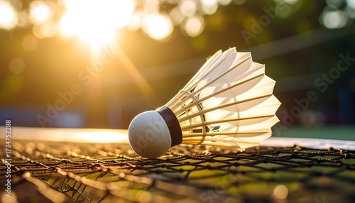 Shuttlecock on Net with Bright Sunlight and Bokeh Background
