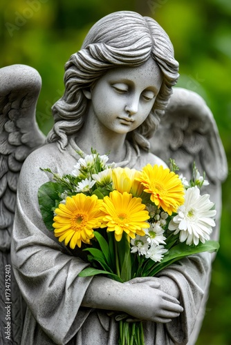 Angel statue holding colorful gerbera flowers bouquet in hands