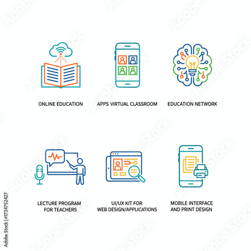 A collection of line icons for online learning, apps, virtual classrooms, educational networks, and teacher lecture programs, along with a UI/UX kit for web, app, mobile, and print design