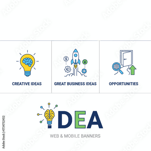 A minimalist flat‑design banner showcasing creative and business ideas and opportunities, featuring a vector illustration of the word “idea” suitable for web and mobile banners, easily editable