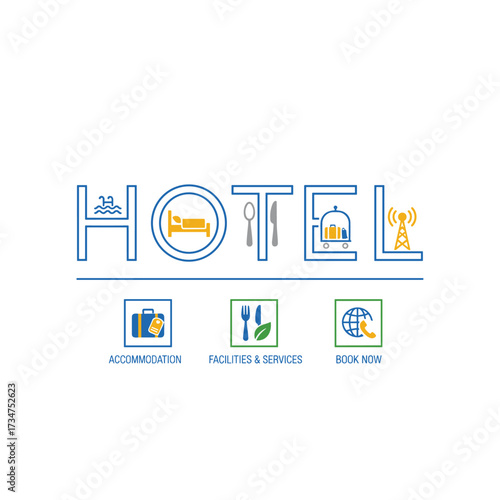 A thin-line flat design banner for the HOTEL webpage, detailing hotel facilities, services, and accommodations, featuring a modern vector illustration of the word HOTEL for both website and mobile