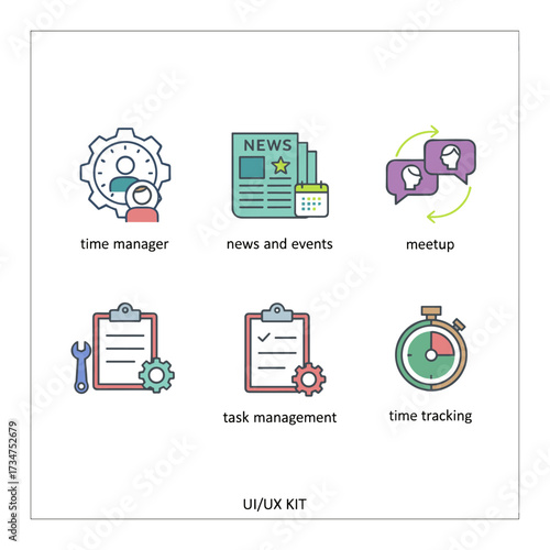 A collection of line icon concepts for time management, news and events, meetups, task management, and time tracking, along with a UI/UX kit suitable for web design, applications, mobile interfaces