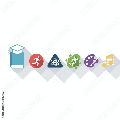 A collection of contemporary flat icons featuring long shadows and stylish colors, depicting education, sport, science, biology, art, and music