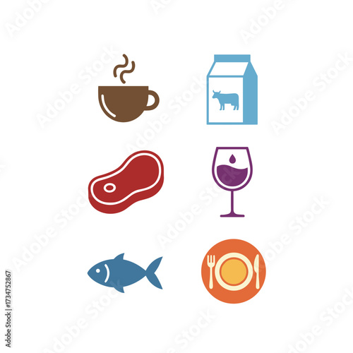 A collection of contemporary flat icons depicting food and beverages, including coffee, milk, meat, wine, and seafood, suitable for restaurants and food producers