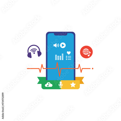 A vector illustration depicting entertainment, music apps, playlists, online songs, and radio stations, featuring a creative flat design suitable for web banners, marketing collateral, and online ads