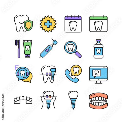 A flat-line, colorful icon set featuring dental services, equipment, products, online support, treatments, and prosthetics