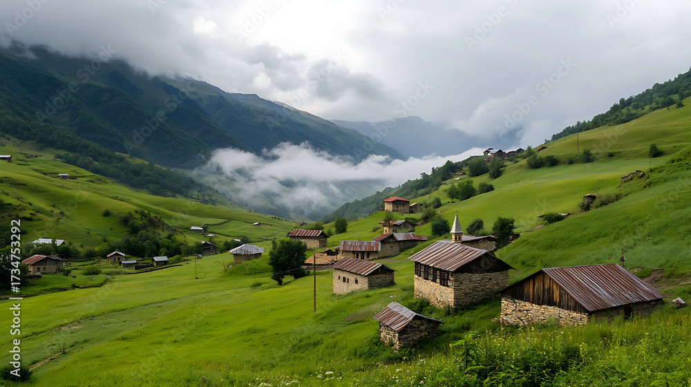 Obraz premium Mountain Village Vista: Nestled amidst rolling hills, quaint stone houses cluster together under a cloudy sky, creating a serene landscape.