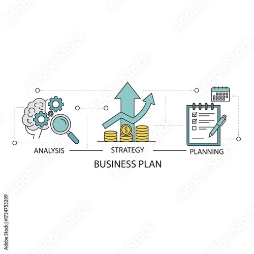 A thin, flat‑design banner depicting business planning, analysis, and strategy, with a vector illustration of the phrase “business plan” suitable for website and mobile banners, easily editable