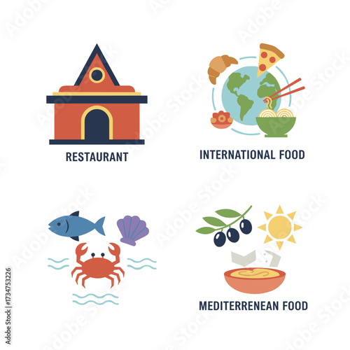 A collection of flat design concept icons depicting restaurants, international cuisine, seafood, and Mediterranean dishes