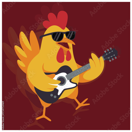 Rockstar chicken with sunglasses flat vector illustration on white background