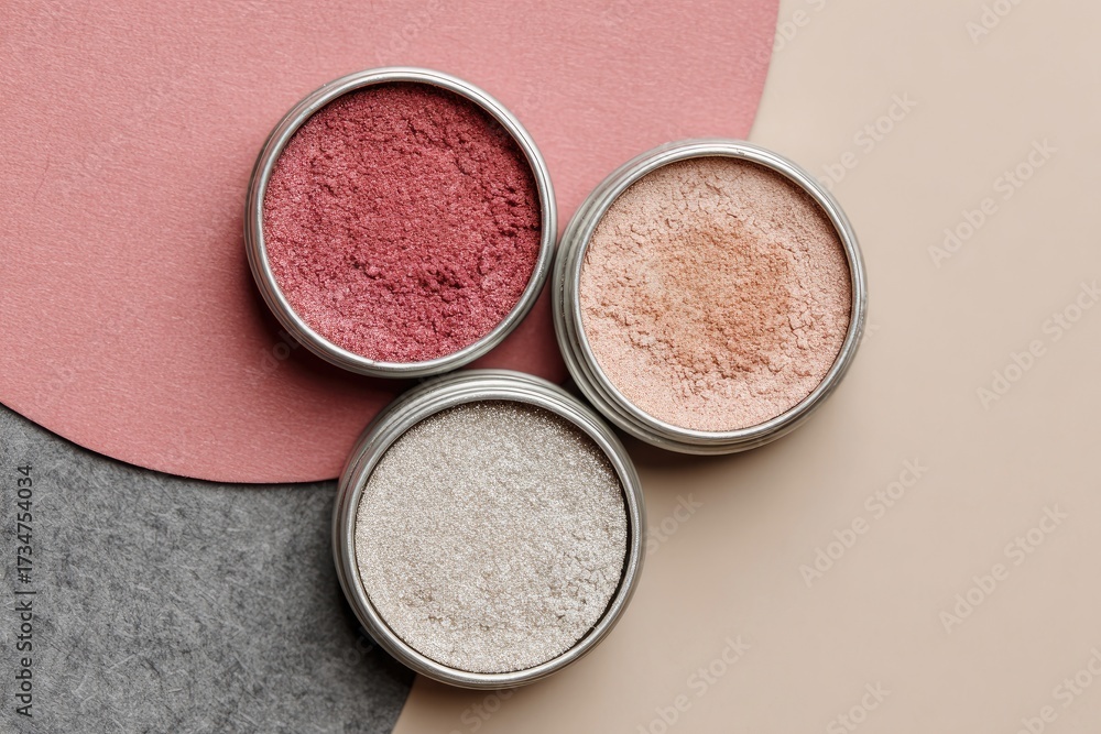 Fototapeta premium Three round, metal tins of blush/powder. Different shades of blush