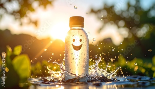 Smiling Bottle with Water Splash in Sunlight Nature Scene