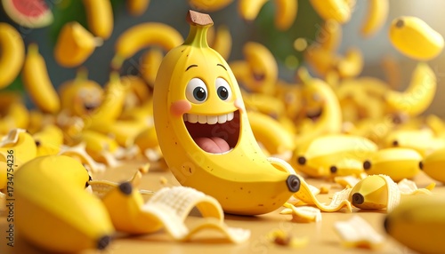 Smiling Banana Cartoon with Cheerful Expression Amidst Yellow Fruit