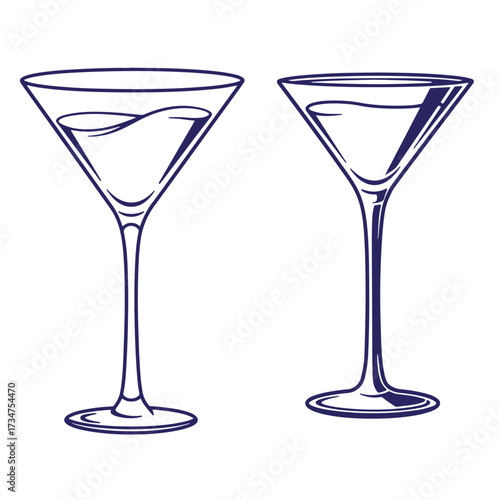 Elegant outline illustration of two martini glasses containing refreshing cocktails isolated