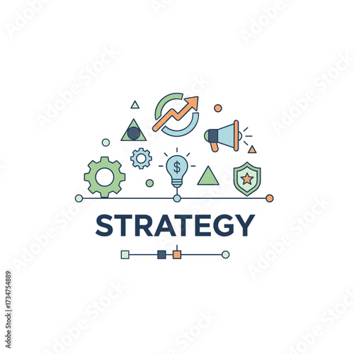 An ultra‑thin, flat‑design banner depicting business and marketing strategy, featuring a modern vector illustration of the word “strategy” suitable for website and mobile banners, and easily