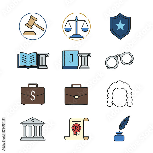 A set of thin‑line icons depicting legal, law, and justice, designed for websites, mobile sites, and apps, with editable strokes