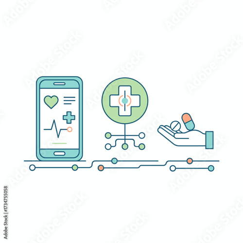A flat-line design banner for a healthcare mobile app website, featuring a modern vector illustration suitable for web design, marketing, and print materials