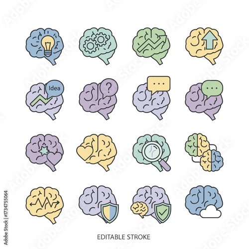 A set of thin‑line icons illustrating human brain processes, features, emotions, decision‑making, and communication, designed for websites, mobile sites, and apps, with editable strokes