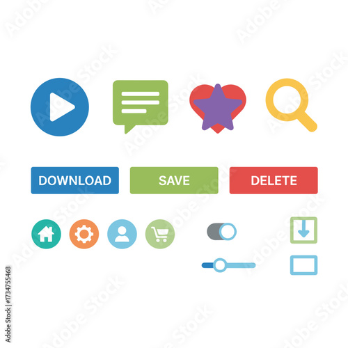 Collection of flat web elements, icons, and buttons for mobile app and web design