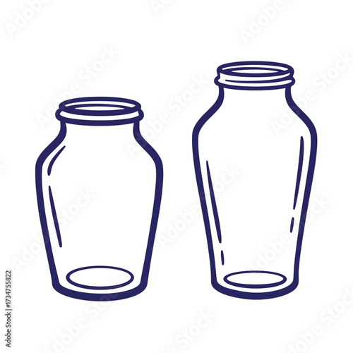 Hand drawn outline illustrations of two empty glass jars in contrasting sizes and shapes.