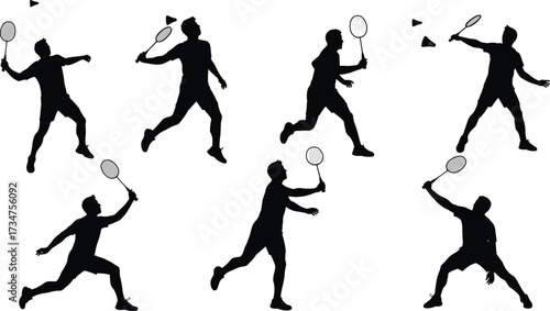 Dynamic badminton player silhouettes in action poses with rackets and shuttlecocks, sports vector illustration for fitness, training, competition design”