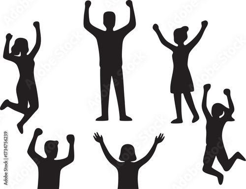 Excited People Cheering and Jumping Silhouettes.