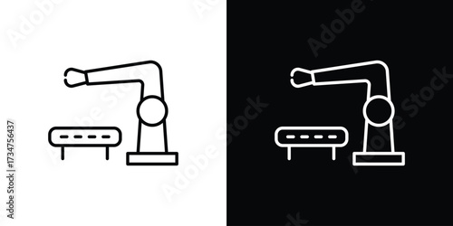 Industrial robot icon in black and white linear versions