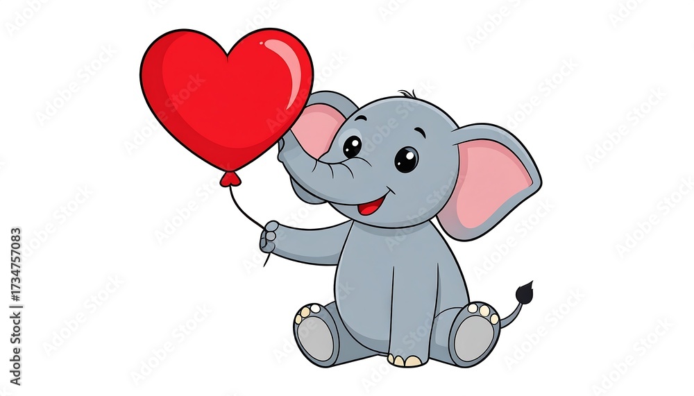Obraz premium A cheerful cartoon elephant holds a big red heart-shaped balloon, displaying a friendly and adorable expression.