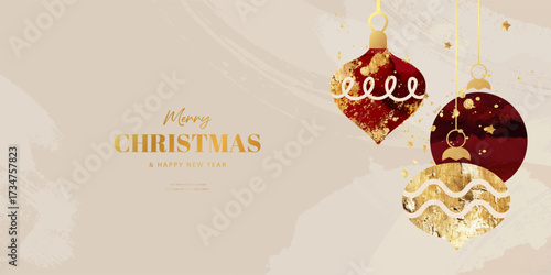 Luxurious Christmas banner with gold foil decorative ornament balls and artistic brush stroke texture for winter holiday backdrop, vector illustration.