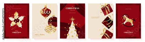 Set of holiday greeting card designs with red and gold Christmas design elements such as holly, Christmas tree balls, gift boxes, fir tree and rocking horse on abstract background, vector illustration