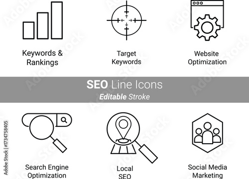 Vector art of seo line icons with editable stroke