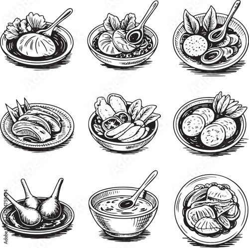 Asian Delights: Hand-Drawn Traditional Vietnam Food Dishes