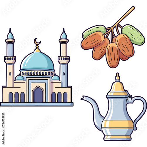 Islamic Cultural Elements Mosque, Dates, and Coffee Pot - Illustrations