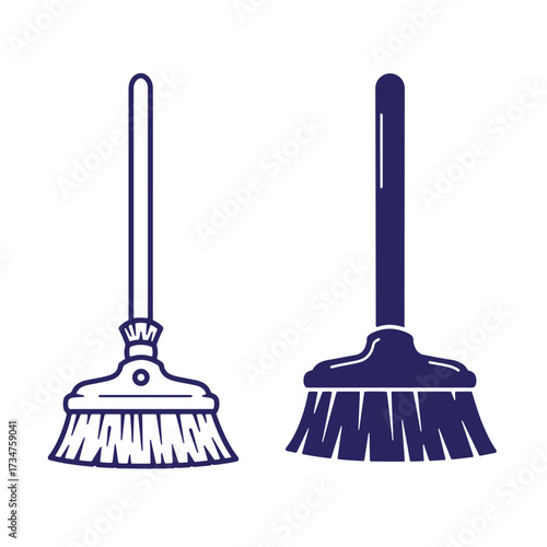 Two clean modern broom silhouettes in dark blue against a clean white background