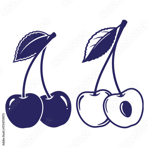 Two cherries with leaves in outlined and filled styles on a white background
