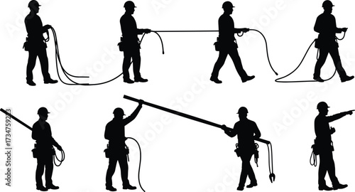 Silhouette construction workers handling cables and tools with hard hats, teamwork, safety gear, industrial labor, utility maintenance, vector illustration"