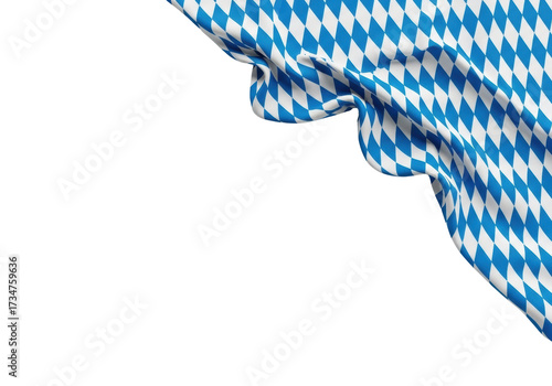 Precisely draped blue and white diamond checkered textile, referencing Bavarian flag, soft folds, transparent background with copy space, flat lay, Bavarian Oktoberfest celebration concept